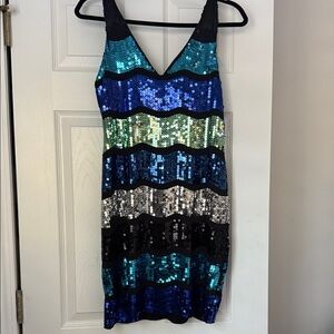 Snap Sequin V-Neck Mini Dress - Blue, Green, Silver, Black